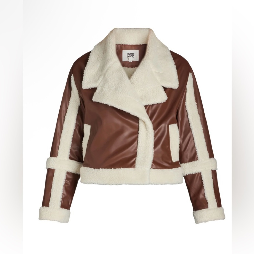 Madden NYC Brown Faux Leather Sherpa lined Shearling Moto Jacket XXS NWT
